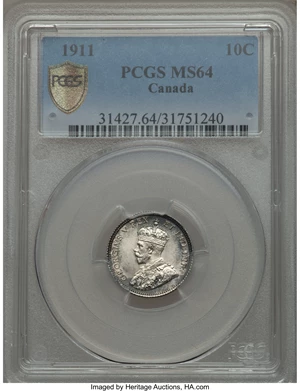 image for: George V 10 Cents 1911 MS64 PCGS