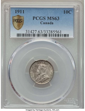 image for: George V 10 Cents 1911 MS63 PCGS