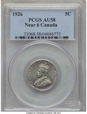image for: George V "Near 6" 5 Cents 1926 AU58 PCGS