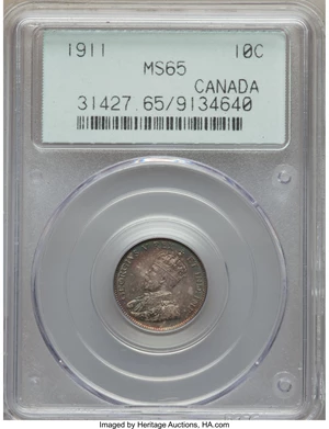image for: George V 10 Cents 1911 MS65 PCGS