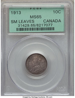 image for: George V "Small Leaves" 10 Cents 1913 MS65 PCGS