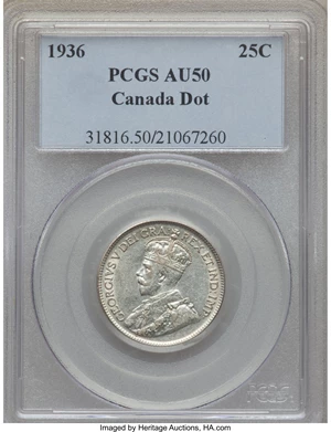 image for: George V "Dot Below Wreath" 25 Cents 1936 AU50 PCGS