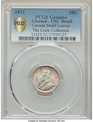 image for: George V 10 Cents 1913 UNC Detail (Cleaned) PCGS