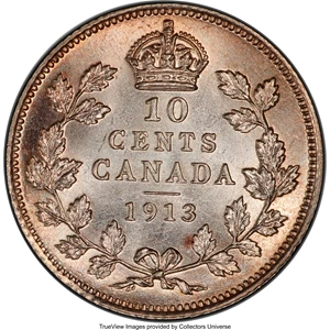 image for: George V 10 Cents 1913 UNC Detail (Cleaned) PCGS
