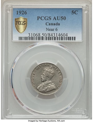 image for: George V "Near 6" 5 Cents 1926 AU50 PCGS