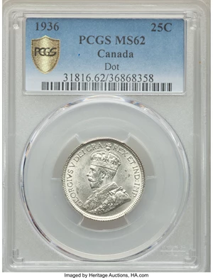 image for: George V "Dot Below Wreath" 25 Cents 1936 MS62 PCGS