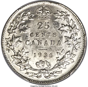 image for: George V "Dot Below Wreath" 25 Cents 1936 MS62 PCGS