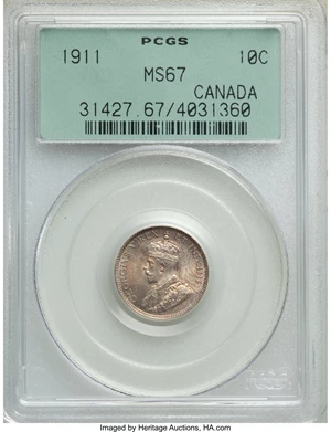 image for: George V 10 Cents 1911 MS67 PCGS