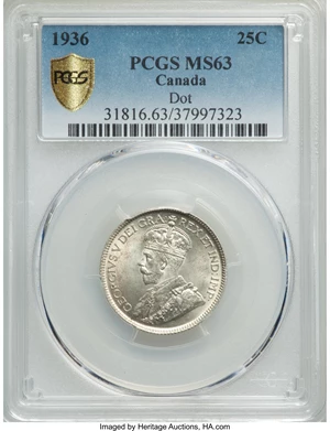 image for: George V "Dot" 25 Cents 1936 MS63 PCGS