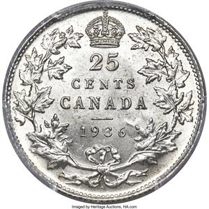 image for: George V "Dot" 25 Cents 1936 MS63 PCGS