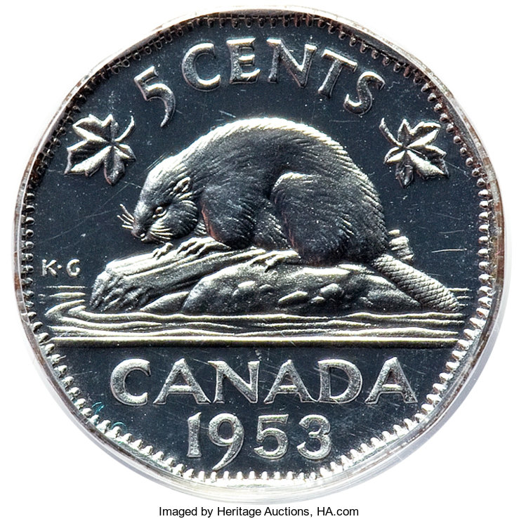 1953 Canada newest 5 cent error no strap