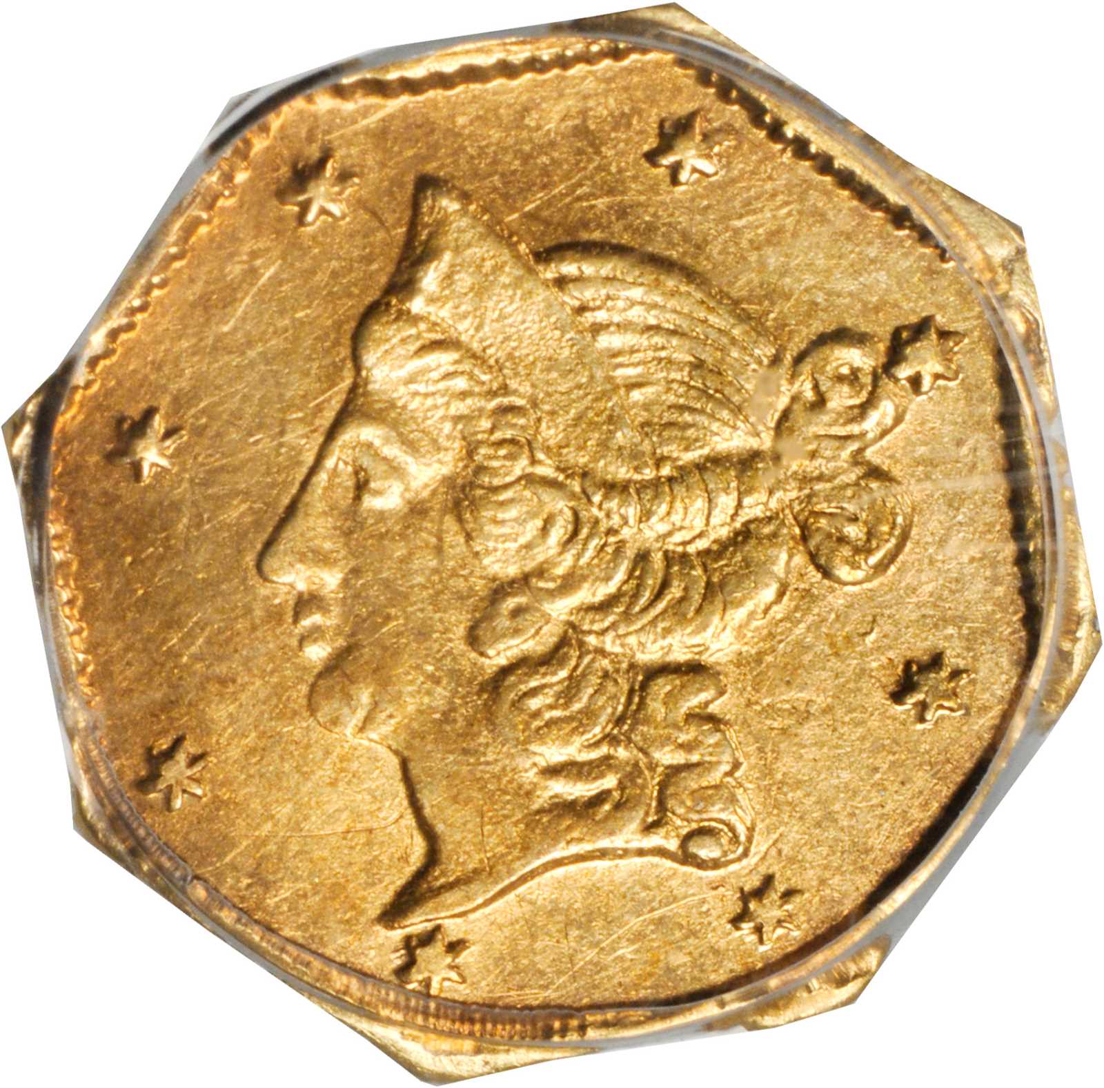 image for: 1853-DERI Octagonal $1. BG-518. Rarity-5. Liberty Head. AU-55 (PCGS). OGH.