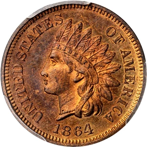 image for: 1864 Indian Cent. Bronze. L on Ribbon. Snow-PR1. Rarity-7. Proof-65 RB (PCGS). Eagle Eye Photo Seal.
