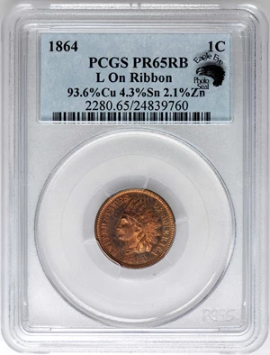 image for: 1864 Indian Cent. Bronze. L on Ribbon. Snow-PR1. Rarity-7. Proof-65 RB (PCGS). Eagle Eye Photo Seal.
