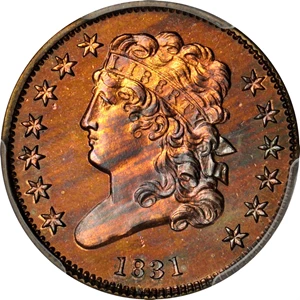 image for: 1831 Classic Head Half Cent. First Restrike. B-2. Rarity-5. Large Berries (Reverse of 1836). Proof-66 RB (PCGS). CAC.