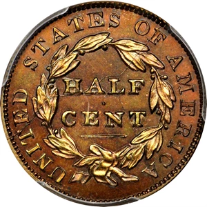 image for: 1831 Classic Head Half Cent. First Restrike. B-2. Rarity-5. Large Berries (Reverse of 1836). Proof-66 RB (PCGS). CAC.
