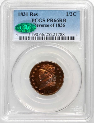 image for: 1831 Classic Head Half Cent. First Restrike. B-2. Rarity-5. Large Berries (Reverse of 1836). Proof-66 RB (PCGS). CAC.
