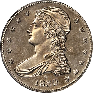 image for: 1839-O Capped Bust Half Dollar. Reeded Edge. HALF DOL. GR-1. Repunched Mintmark. Branch Mint Specimen-62 (PCGS).
