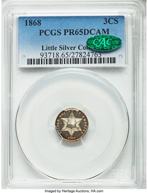 image for: 1868 3CS PR65 Deep Cameo PCGS. CAC....