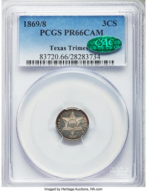 image for: 1869/8 3CS PR66 Cameo PCGS. CAC....