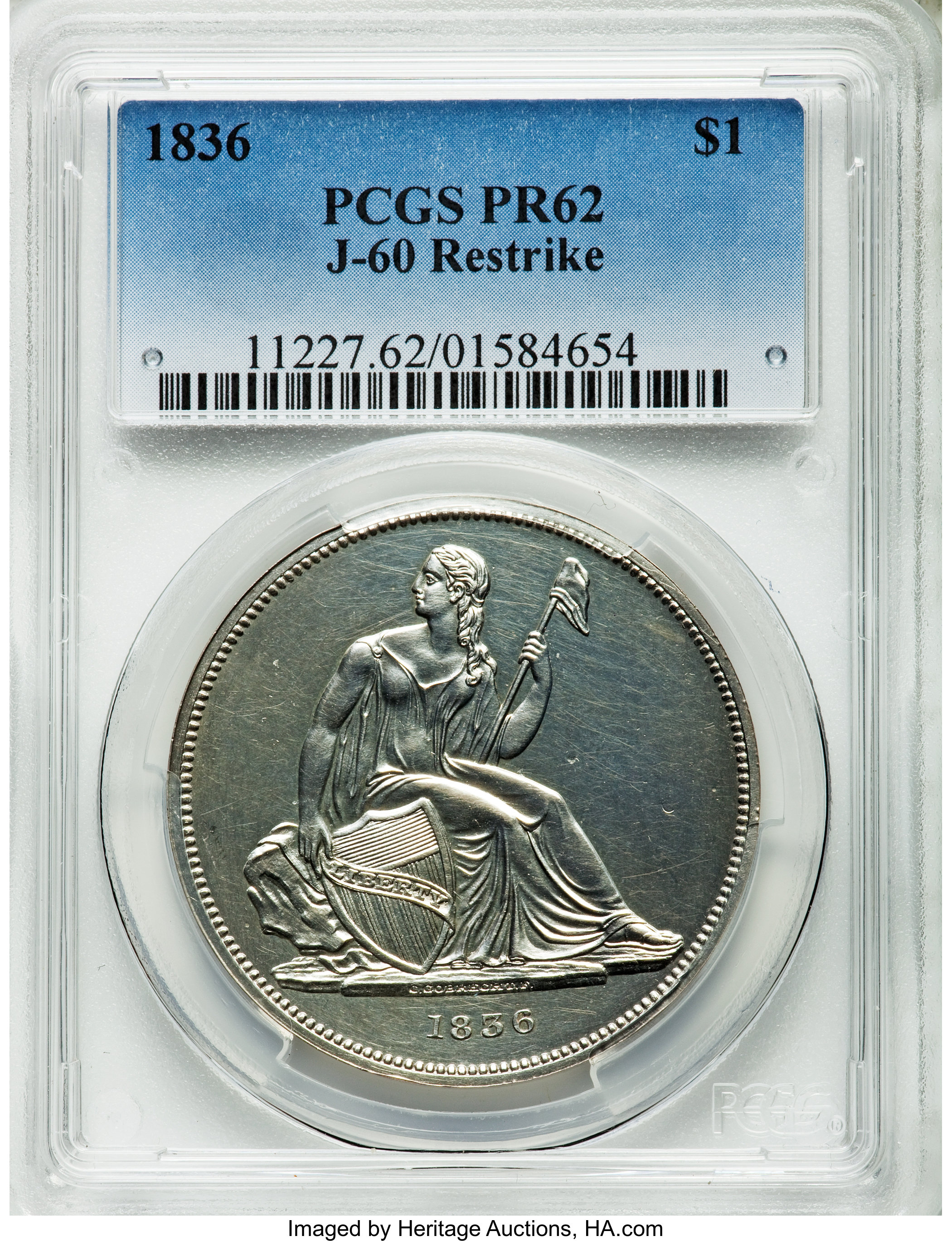 image for: 1836 P$1 Name on Base, Judd-60 Restrike, Pollock-65, R.5, PR62 PCGS....