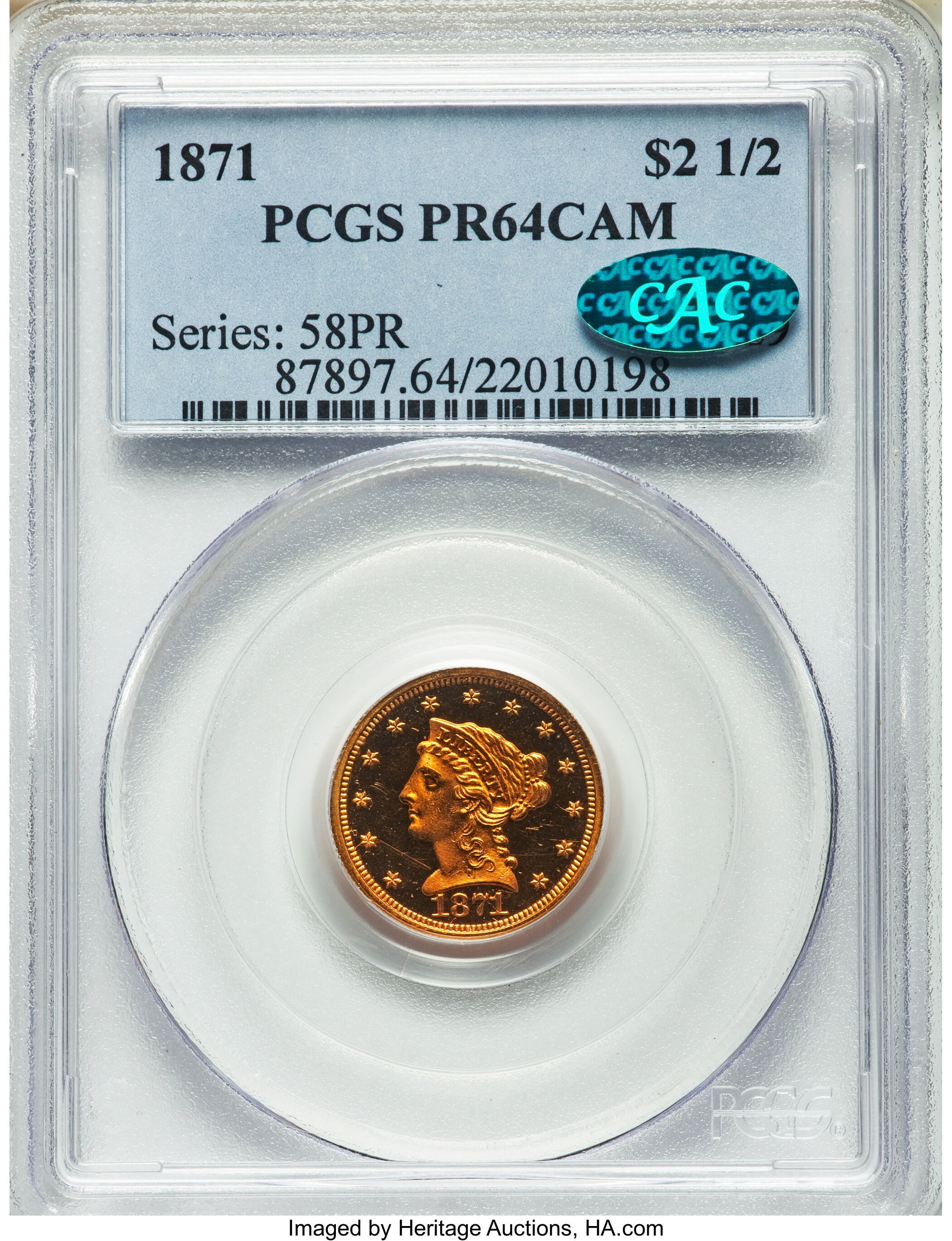 image for: 1871 $2 1/2 PR64 Cameo PCGS. CAC....