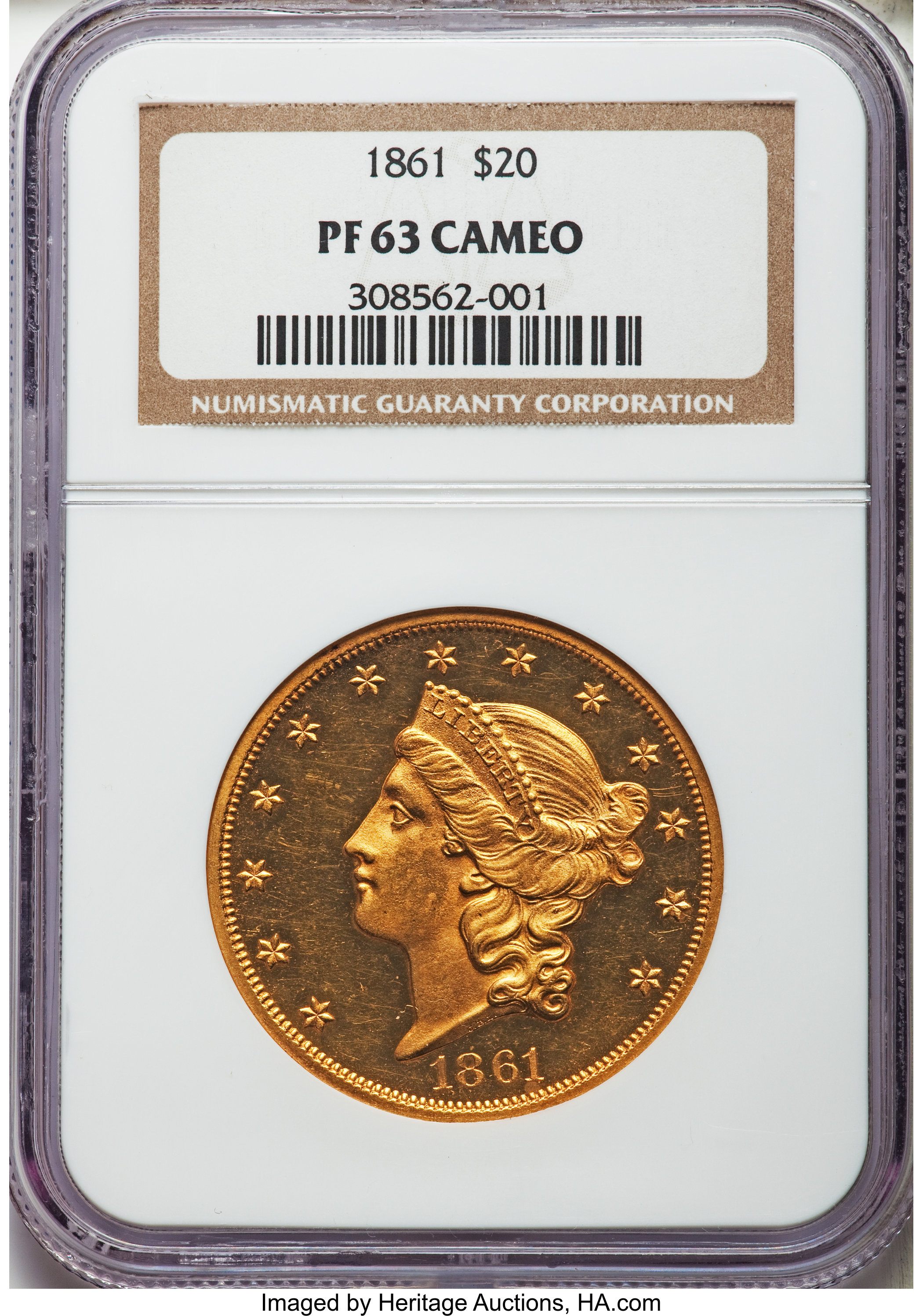 image for: 1861 $20 PR63 Cameo NGC....