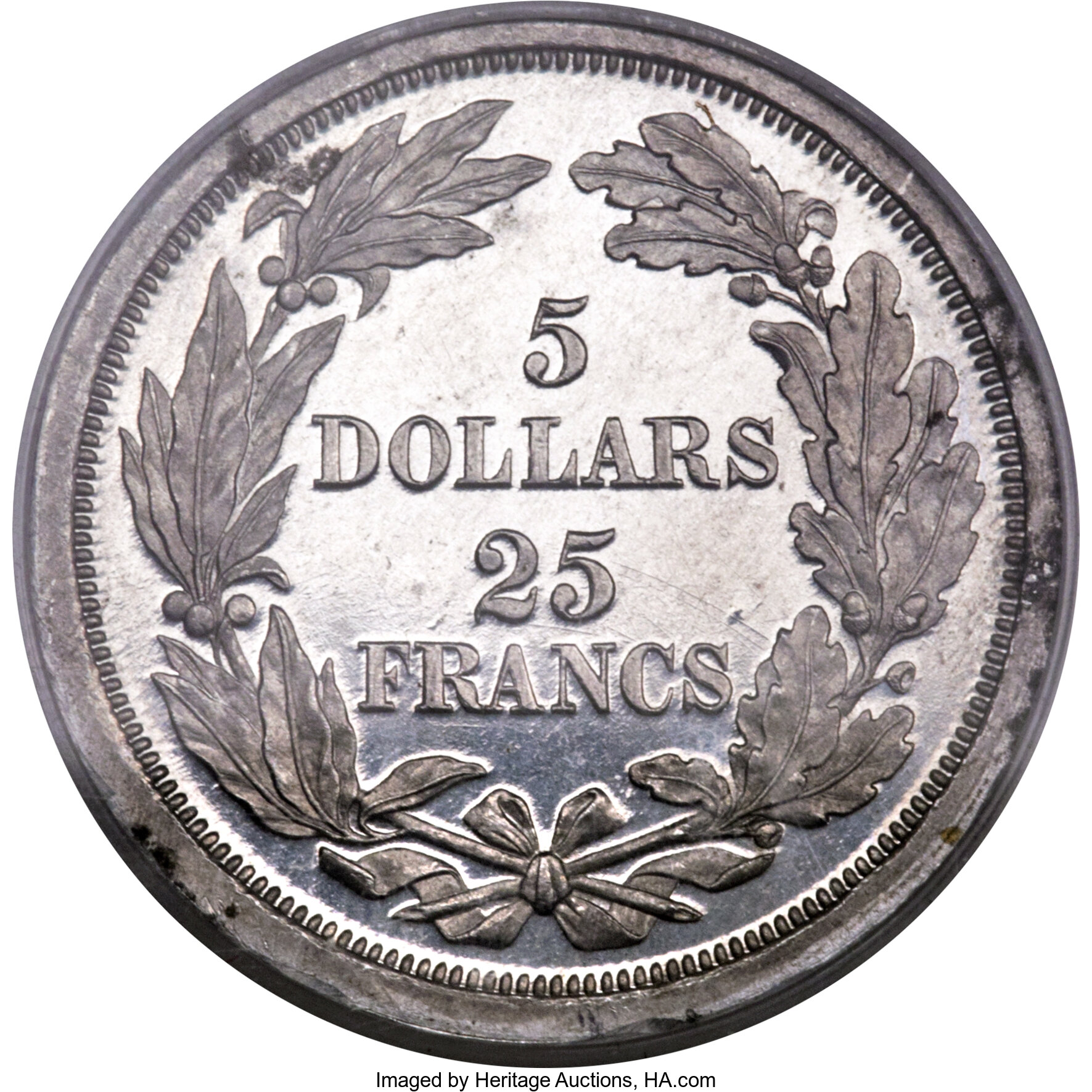 image for: 1868 $5 Dual Denomination $5-25 Francs, Judd-659, Pollock-732, Low R.7, PR64 PCGS....