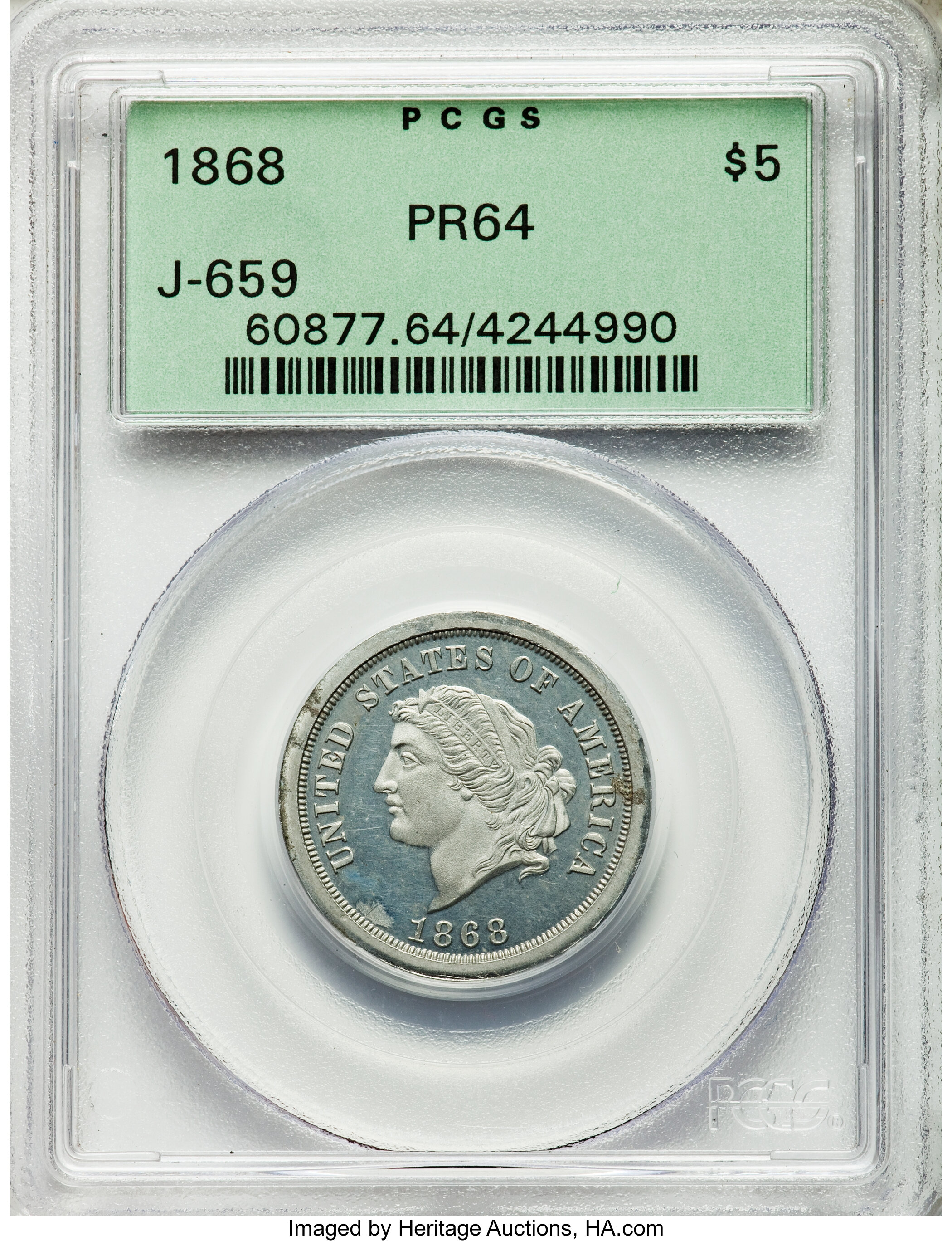 image for: 1868 $5 Dual Denomination $5-25 Francs, Judd-659, Pollock-732, Low R.7, PR64 PCGS....