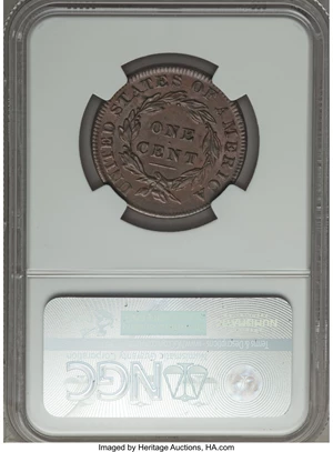 image for: 1834 1C Small 8, Large Stars, Medium Letters, N-1, R.1, MS62 Brown NGC. NGC Census: (0/0). PCGS Population (0/5). ...