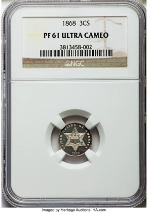 image for: 1868 3CS PR61 Ultra Cameo NGC. NGC Census: (1/1). PCGS Population (0/1). ...