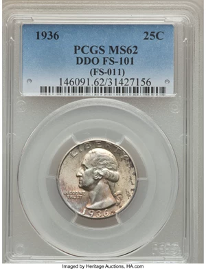 image for: 1936 25C Doubled Die Obverse, FS-101, MS62 PCGS. PCGS Population (1/7). NGC Census: (0/0). Mintage: 41,303,836. ...
