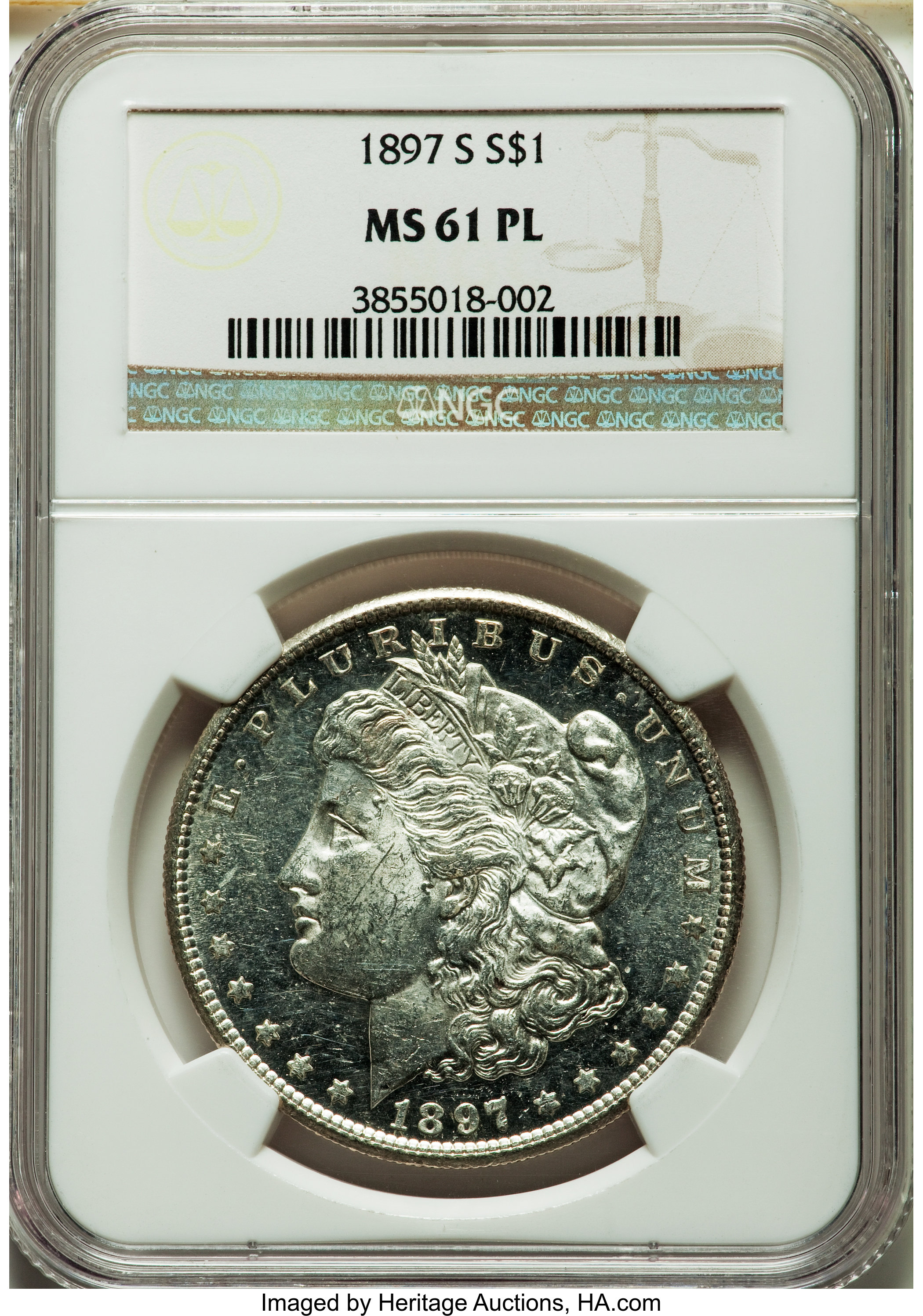 1897-S $1 MS61 Prooflike NGC. NGC Census: (33/662). PCGS Population (32/941). Numismedia Wsl. Price for problem free NGC/P...