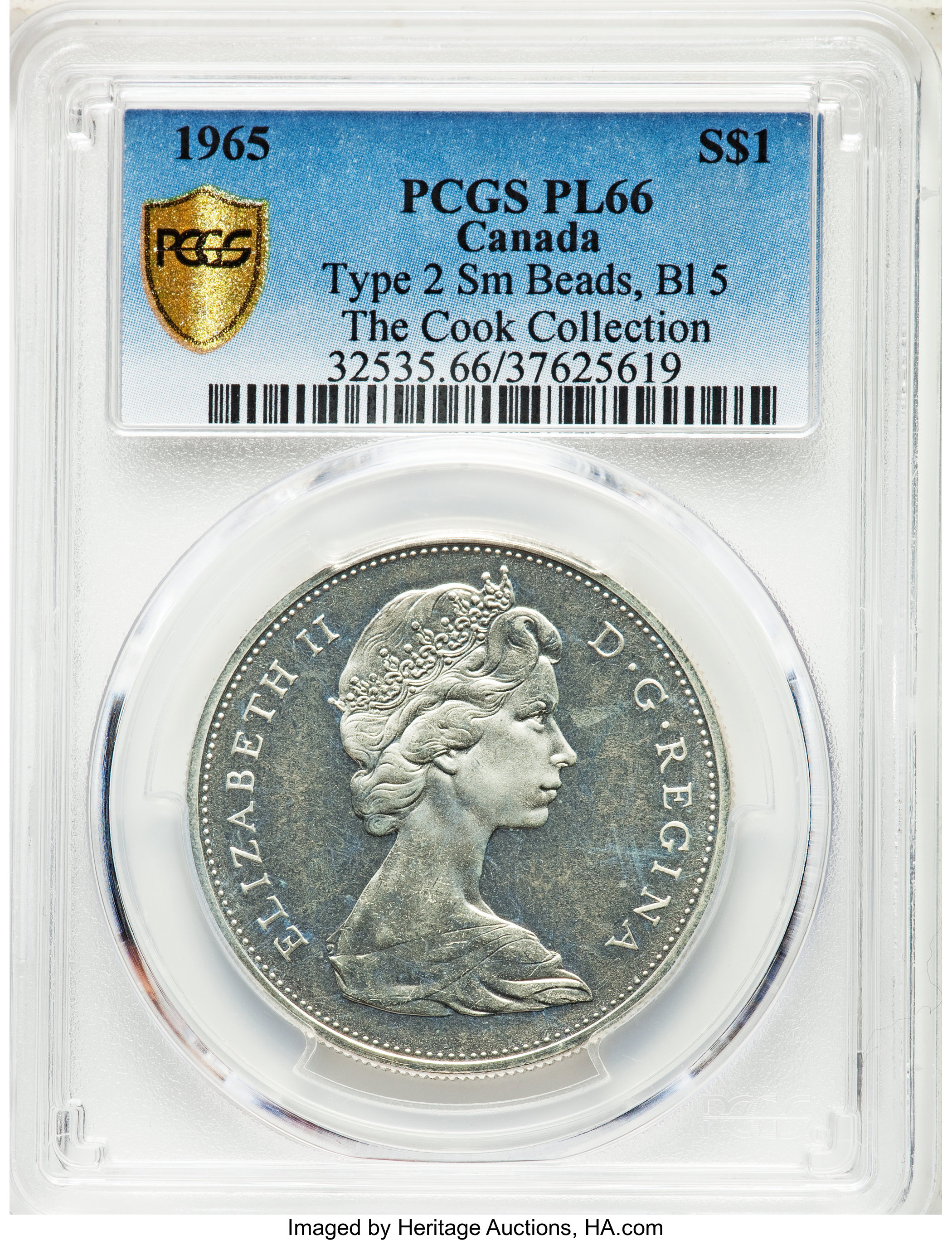 image for: Elizabeth II Prooflike "Type 2 Small Beads - Blunt 5" Dollar 1965 PL66 PCGS