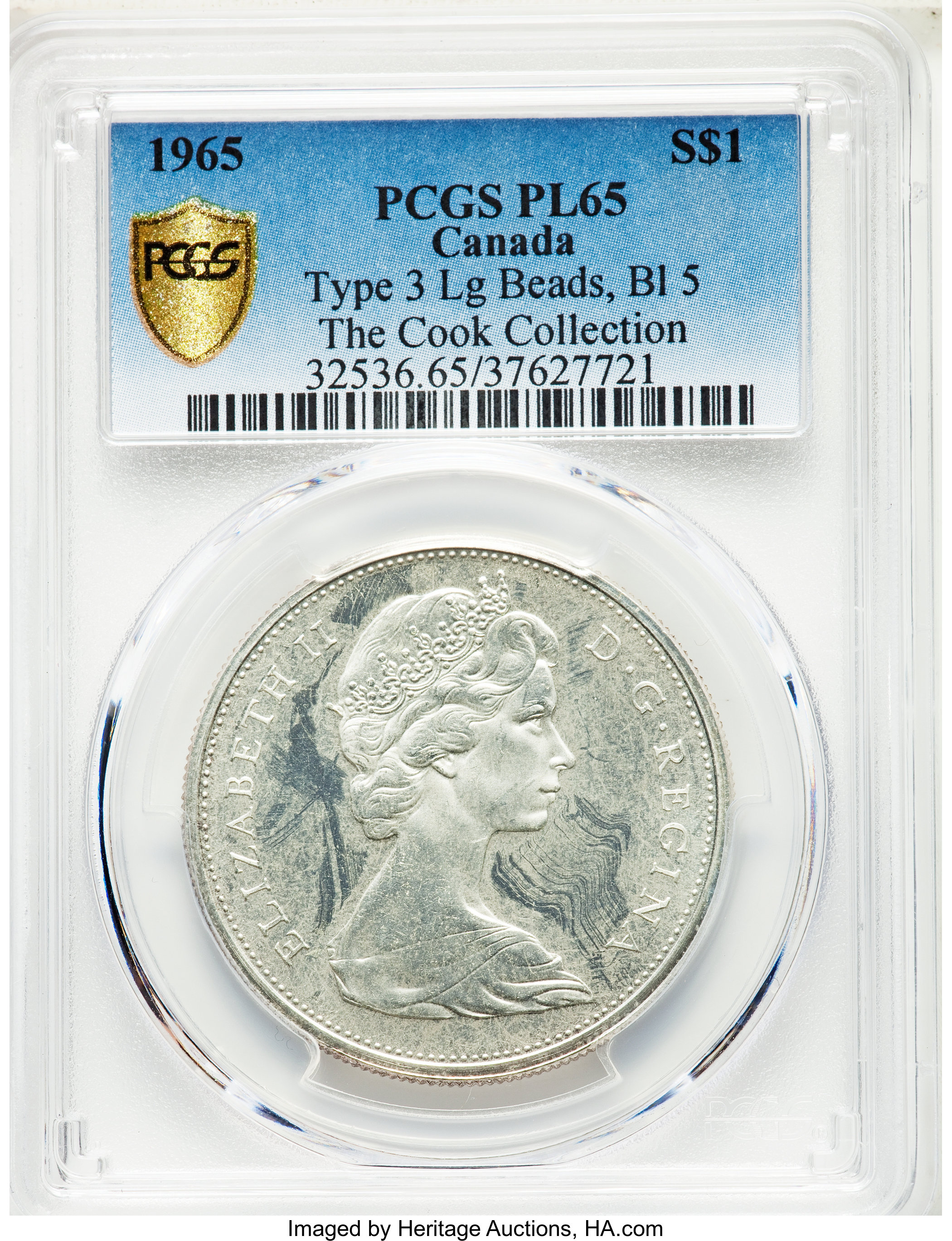 image for: Elizabeth II Prooflike "Type 3 Large Beads - Blunt 5" Dollar 1965 PL65 PCGS