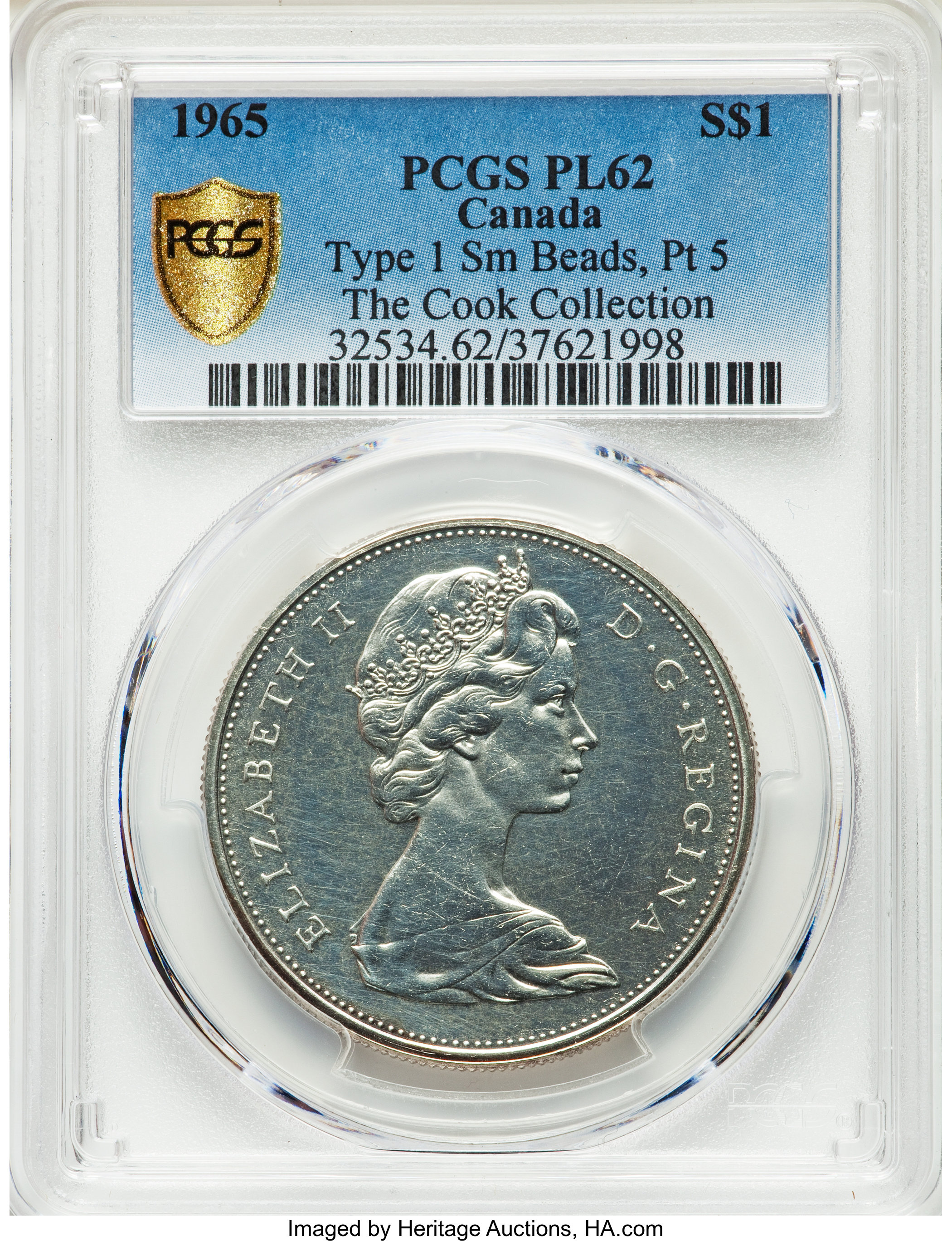 image for: Elizabeth II Prooflike "Type 1 Small Beads - Pointed 5" Dollar 1965 PL62 PCGS