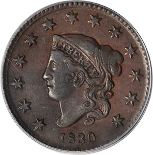 image for: 1830 Matron Head Cent. N-6. Rarity-4. Medium Letters. EF-40 (PCGS).
