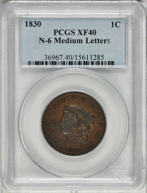 image for: 1830 Matron Head Cent. N-6. Rarity-4. Medium Letters. EF-40 (PCGS).