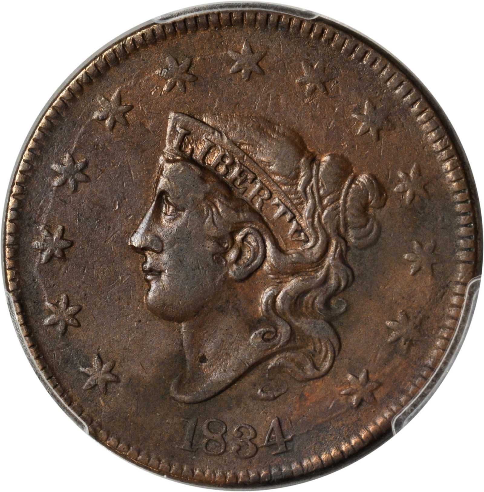 image for: 1834 Matron Head Cent. N-5. Rarity-4+. Large 8 and Stars, Medium Letters. EF-40 (PCGS).