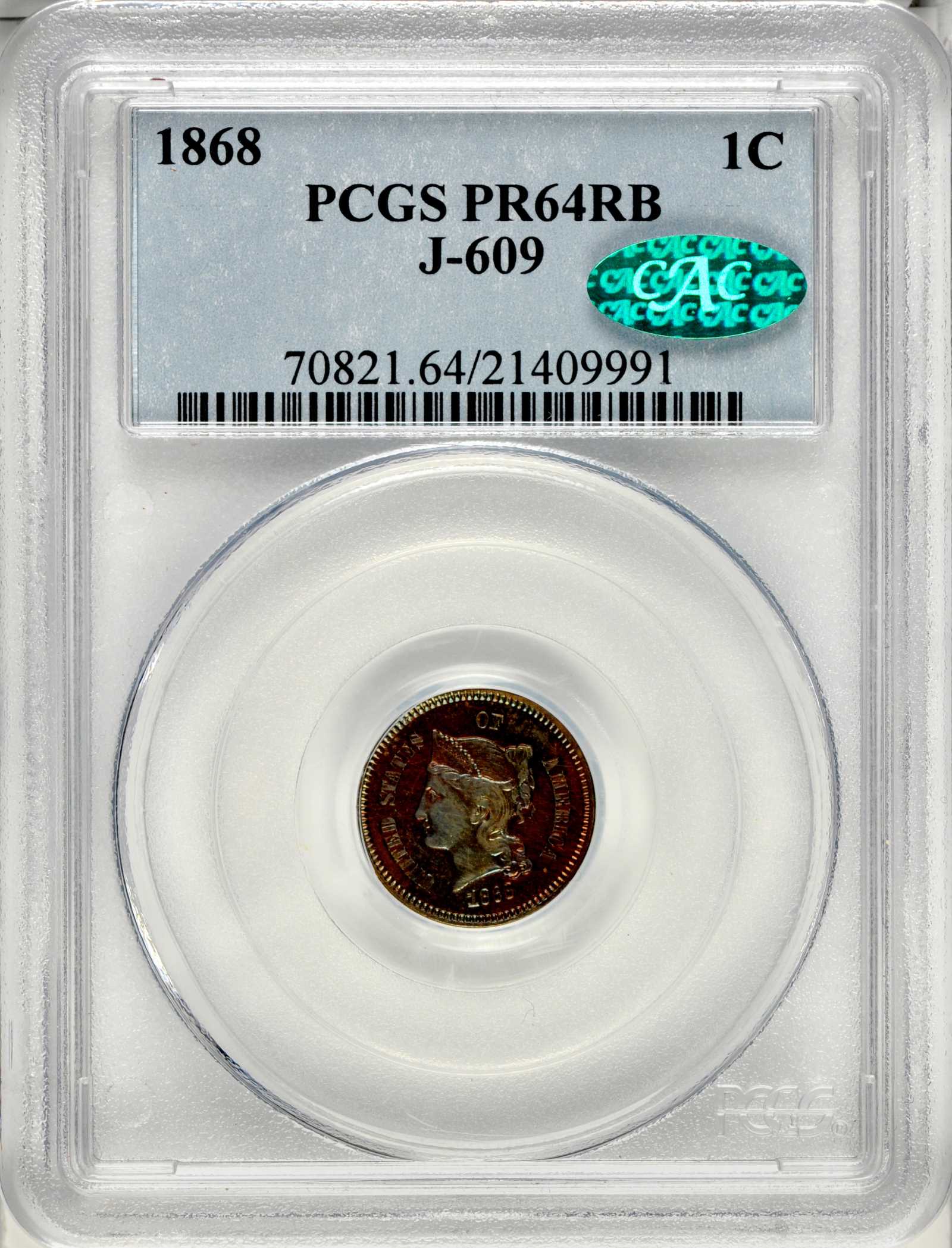 image for: 1868 Pattern Cent. Judd-609, Pollock-674. Rarity-7+. Copper. Plain Edge. Proof-64 RB (PCGS). CAC.