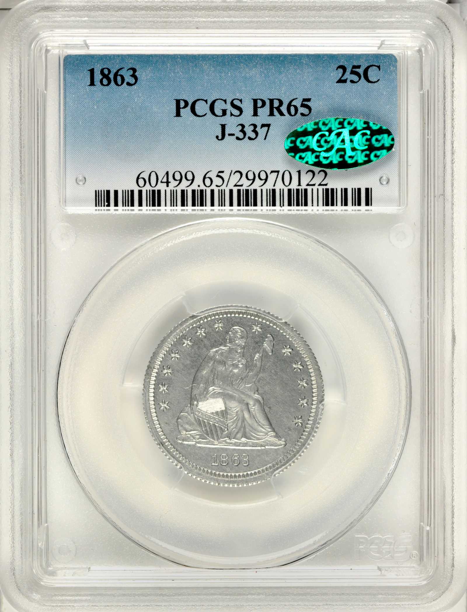 image for: 1863 Pattern Liberty Seated Quarter. Judd-337, Pollock-409. Rarity-7+. Aluminum. Reeded Edge. Proof-65 (PCGS). CAC.