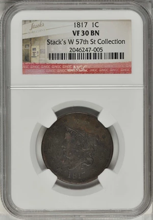 image for: 1817 Matron Head Cent. N-2. Rarity-3. 13 Stars. VF-30 BN (NGC).
