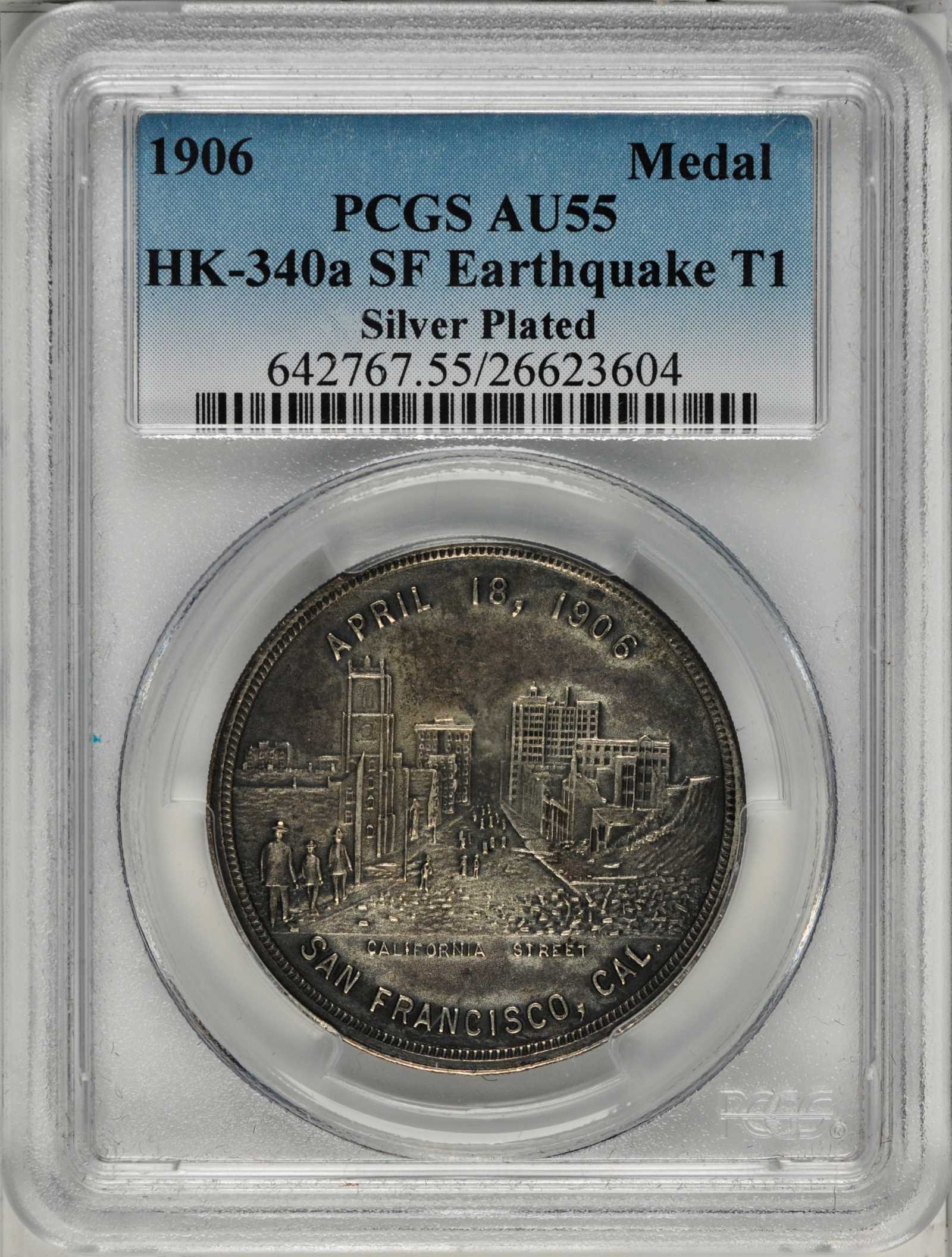 image for: 1906 San Francisco Earthquake and Fire. Type I. Silver-Plated. 36 mm. HK-340a. Rarity-6. AU-55 (PCGS).