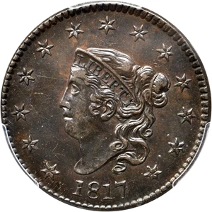 image for: 1817 Matron Head Cent. N-2. Rarity-3. 13 Stars. Noyes Die State A/C. AU-55 (PCGS).