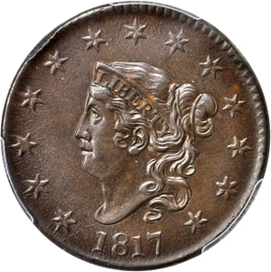 image for: 1817 Matron Head Cent. N-2. Rarity-3. 13 Stars. Noyes Die State D/E. MS-63 BN (PCGS).