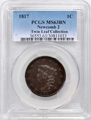 image for: 1817 Matron Head Cent. N-2. Rarity-3. 13 Stars. Noyes Die State D/E. MS-63 BN (PCGS).