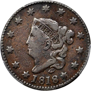 image for: 1818 Matron Head Cent. N-4. Rarity-4. Noyes Die State B/A. Fine-12 (PCGS).