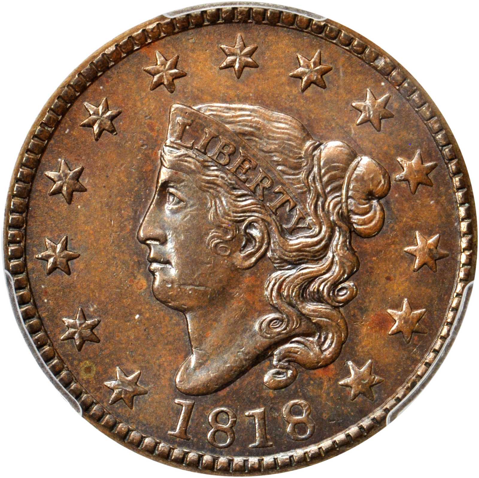 image for: 1818 Matron Head Cent. N-6. Rarity-1. Noyes Die State A/B. MS-62 BN (PCGS).