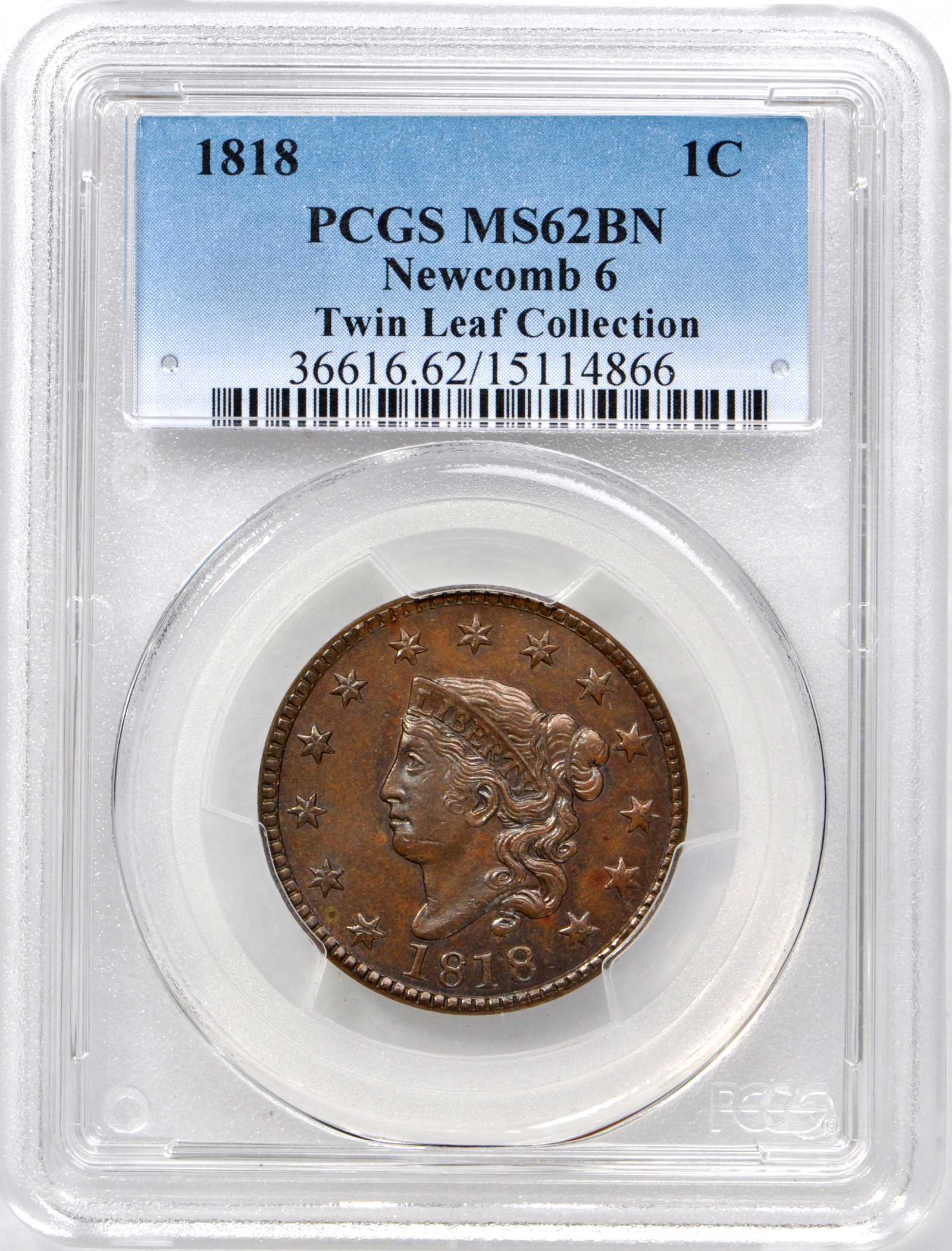 image for: 1818 Matron Head Cent. N-6. Rarity-1. Noyes Die State A/B. MS-62 BN (PCGS).