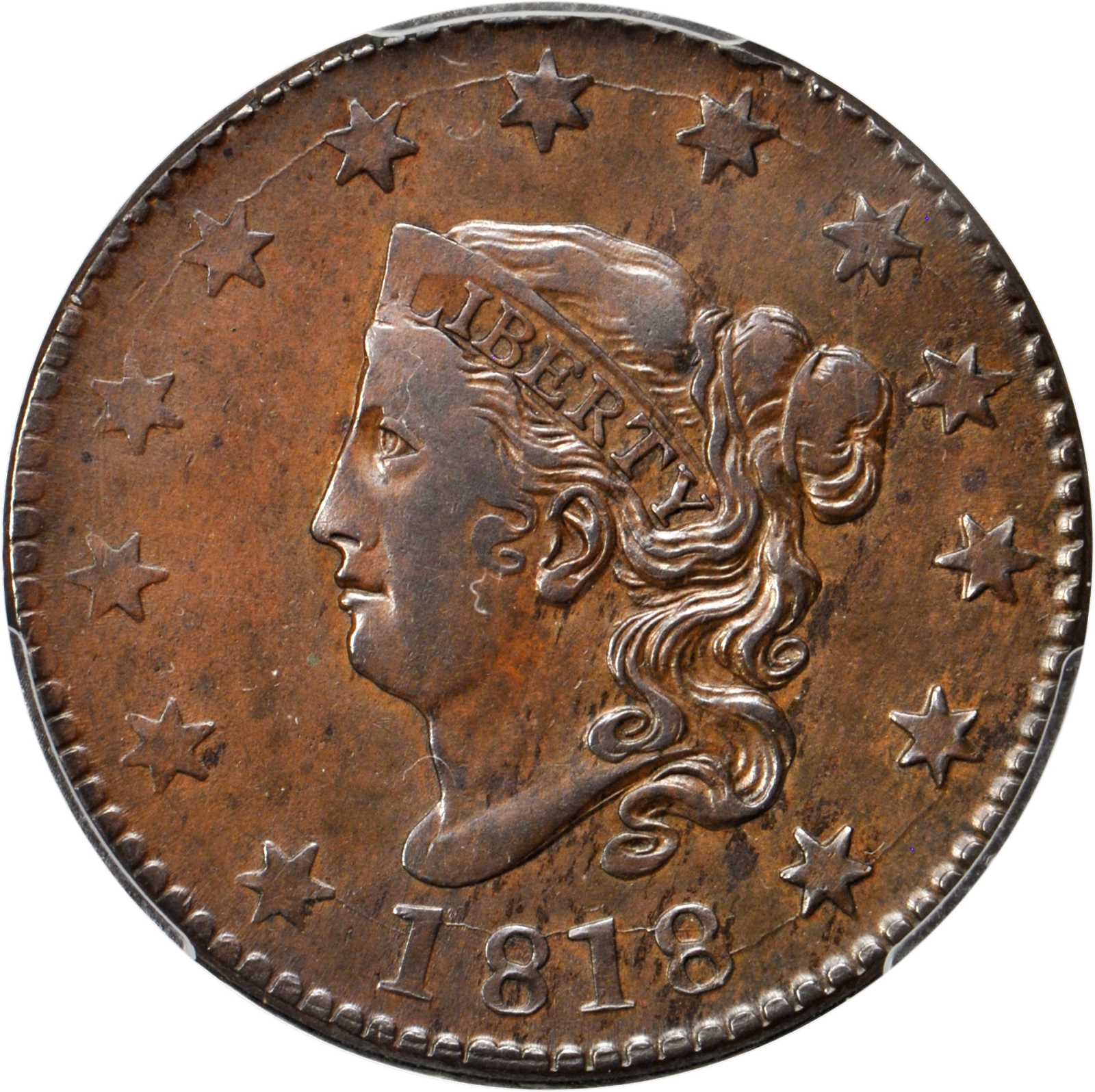 image for: 1818 Matron Head Cent. N-8. Rarity-3. Noyes Die State C/A. AU-50 (PCGS). CAC.